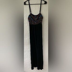 Black maxi dress / coverup, embroidered top, elastic back, adjustable straps; M